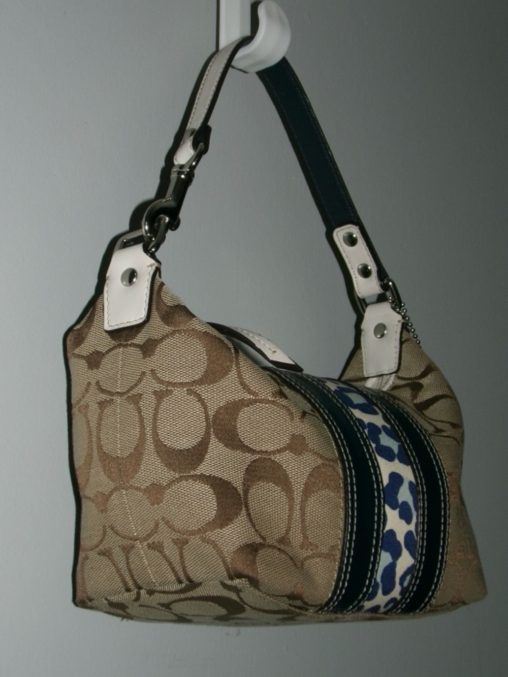 Coach Khaki Signature Mini Shoulder Bag with Blue Leopard Stripe - Picture 3 of 8
